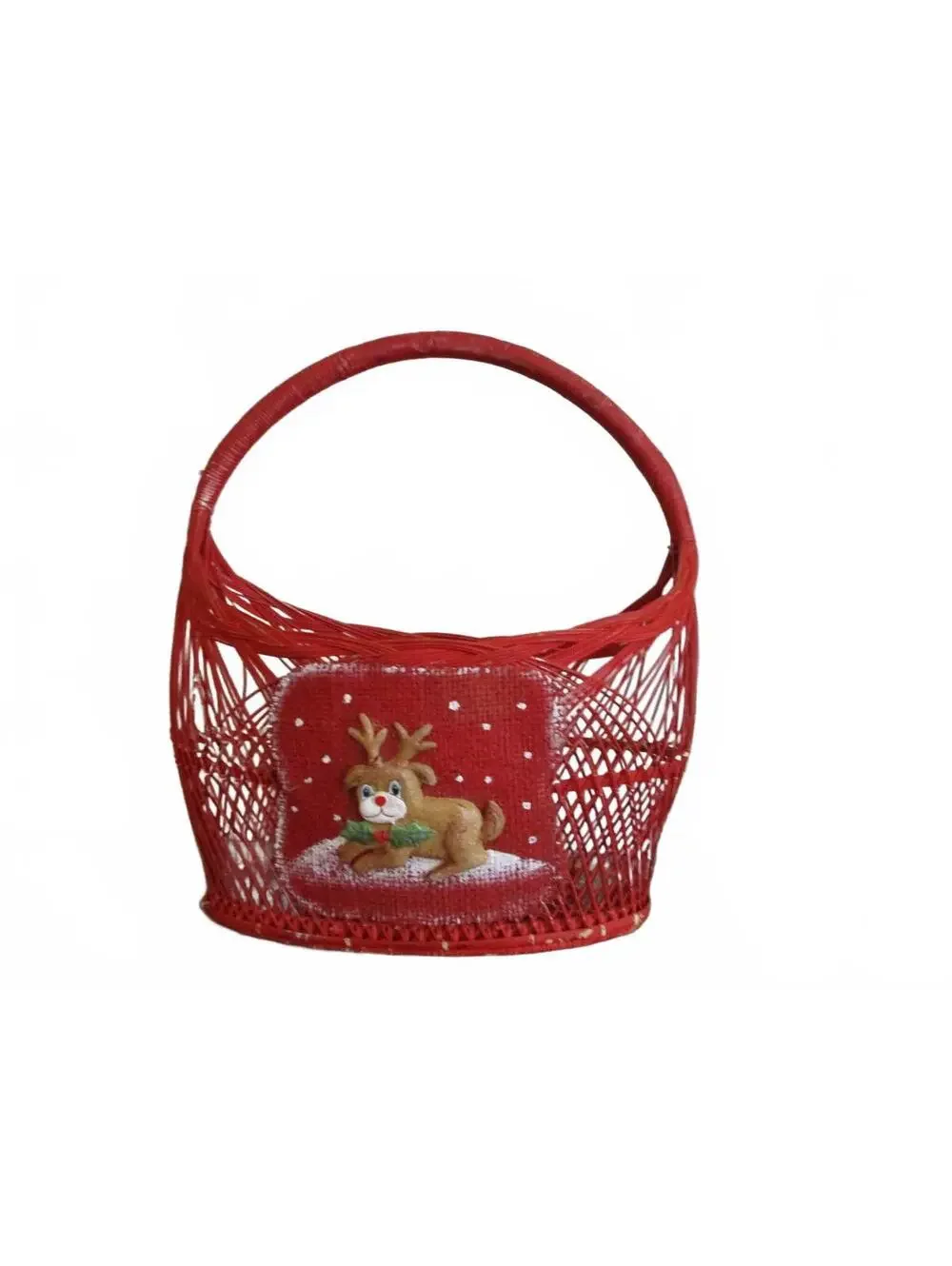 Vintage Red Wicker Basket Reindeer Christmas Holiday Decor Gift Basket
